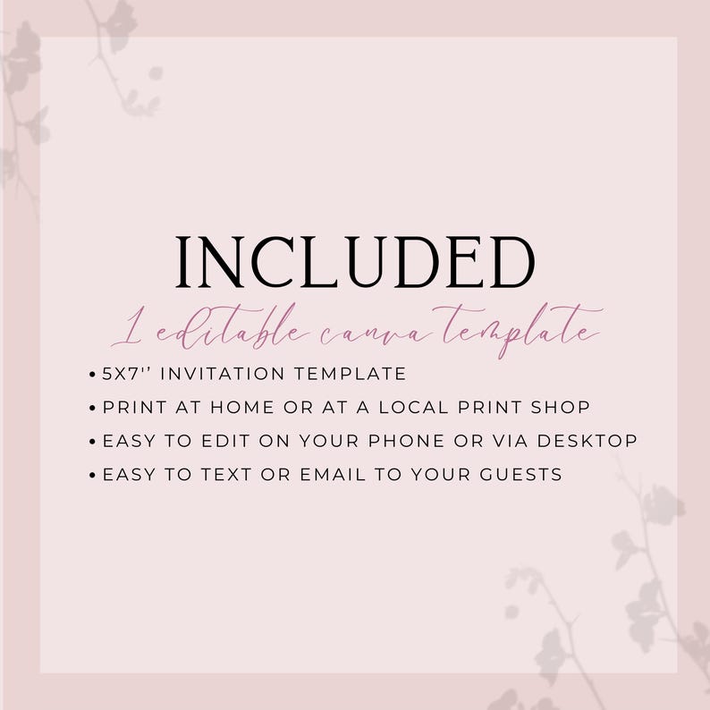 text that provides information about a 5x7" invitation template, which can be printed at home or at a local print shop, edited on a phone or via a desktop, and easily sent to guests via text or email.