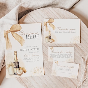 Bonjour Bebe Babypartyeinladungspaket, bearbeitbares Paris-französischer Eiffelturm-Babypartyeinladungsset, Pariser-Babychampagner-Einladung BS2