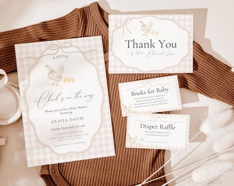 Paquete de invitaciones para baby shower con temática de gallinas, invitación digital editable, linda temática de granja, descarga instantánea para celebraciones BS120