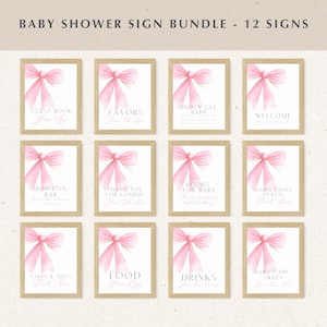 Paquete de carteles para baby shower con lazo rosa para niña, carteles personalizables para fiesta con lazo rosa para niña, paquete de carteles con tarjetas y regalos con lazo rosa BS115