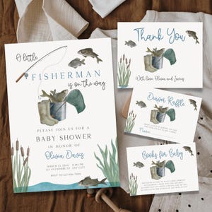Un piccolo pescatore è in arrivo, set di inviti per baby shower, set di inviti per baby shower Boho, modello per baby shower per bambini, modello BS51 per pescatore