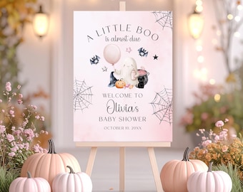 Halloween Baby Shower Welcome Sign, A Little Boo Baby Shower Welcome Sign, Spooky Ghost Girl Baby Shower Sign, Editable Fall Template BS29