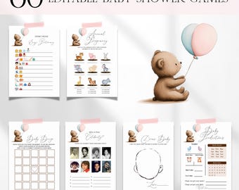 We Can Bearly Wait Gender Reveal Baby Shower Games Bundle, Editable Pink Blue Balloon Teddy Bear Baby Shower Games, Teddy Bear Shower BS140
