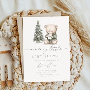 Un allegro piccolo invito natalizio per baby shower, modello di invito invernale per baby shower con orsetto di peluche neutro per le vacanze di Natale BS42