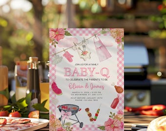 Baby-Q Girl Baby Shower Invitation, Editable Couples Backyard BBQ Baby Shower Invitation Template, Coed Baby-Q Picnic Shower Invite BS89