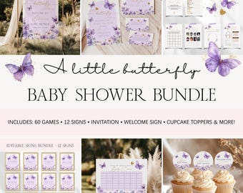 Purple Butterfly Baby Shower Bundle, Editable Butterfly Girl Baby Shower Template, Purple Butterfly Games Signs Invite Games Bundle BS126