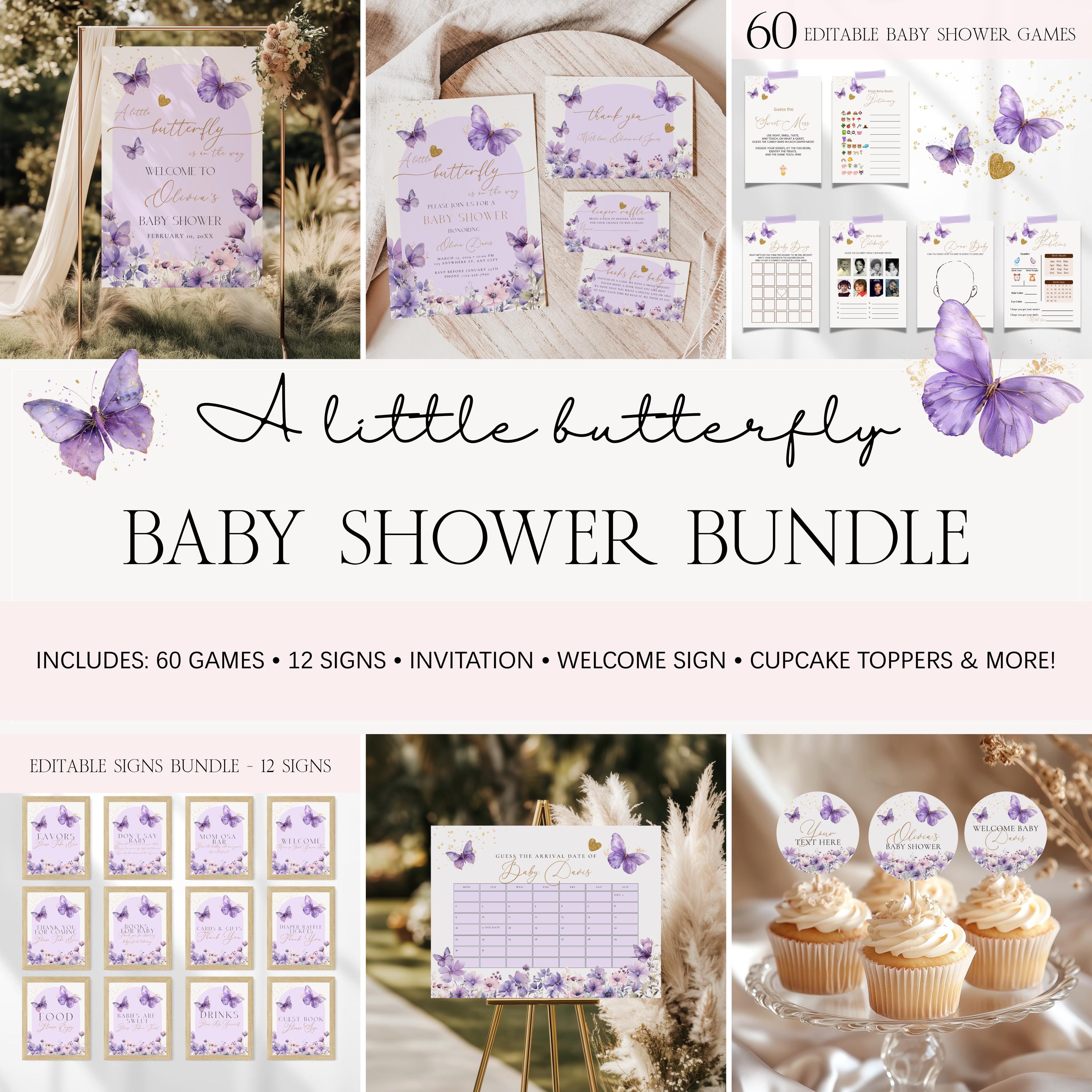 Purple Butterfly Baby Shower Bundle, Editable Butterfly Girl Baby ...