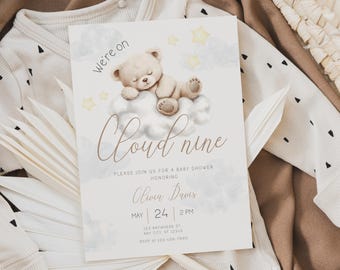 Invitación para baby shower "Estamos en la nube nueve", invitación editable para baby shower con osito de peluche marrón durmiendo en la nube 9, estilo bohemio BS65