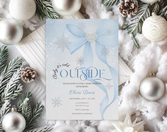 Winter Wonderland Baby Shower Invitation, Blue Bow Digital Template, Editable Invite for Winter Celebration BS14