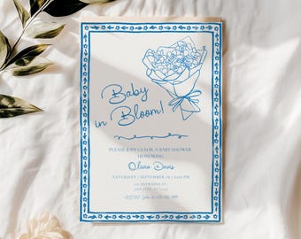 Invitación para baby shower de niño "Baby in Bloom", invitación floral personalizable, plantilla digital, diseño imprimible BS239