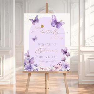 Lila Schmetterling Babyparty Willkommensschild, bearbeitbare Lila Schmetterling Mädchen Babyparty Willkommensplakat Vorlage, Schmetterling Dusche Dekor BS126