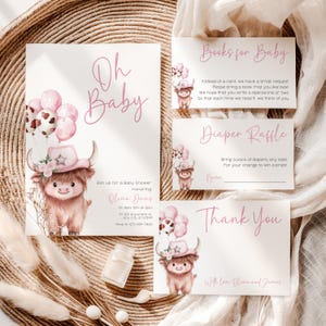 Highland Cow Girl Baby Shower Invitation Bundle, Editable Boho Holy Cow Baby Shower Invite Canva Template, Ranch Highland Cow Invite BS200