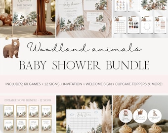 Woodland Animals Baby Shower Bundle, Editable Templates for Games, Invitations, and Forest Party Decor BS151