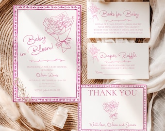 Baby in Bloom Girl Baby Shower Invitation Bundle, Editable Floral Template, Digital Invite, Pink Floral Design BS240