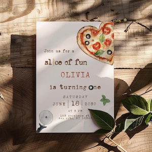 Pizza First Birthday Invitation Canva Template, Editable Kids Pizza Birthday Invitation Template, Slice Of Fun Pizza Party Invite BS105