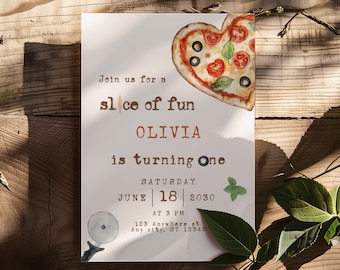 Pizza First Birthday Invitation Canva Template, Editable Kids Pizza Birthday Invitation Template, Slice Of Fun Pizza Party Invite BS105