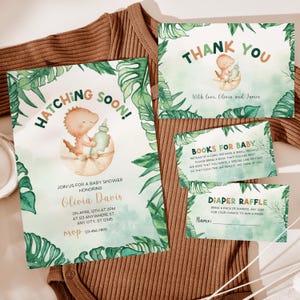 Hatching Soon Dino Baby Shower Invitation Bundle, Editable Baby Dinosaur Baby Shower Invitation Canva Template, Boy Dino Shower Invite BS88