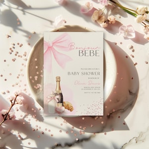 Bonjour Bebe Babypartyeinladung, bearbeitbar Paris Französischer Eiffelturm-Babyparty-Einladung Pariser Baby-Champagne-Bogen-Einladungsvorlage BS162