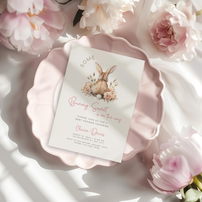 Some Bunny Baby Shower Invitation Bundle, Somebunny Is On the Way Spring Girl Floral Easter Baby Shower, Sprinkle Bunny Invite Template BS31