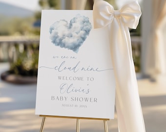 Cloud Nine Baby Shower Welcome Sign, Editable Blue Cloud 9 Boy Baby Shower Welcome Sign Template, We're On Cloud Nine Baby Shower Sign BS226