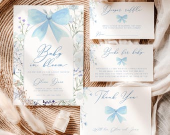 Paquete de invitaciones para baby shower Baby In Bloom, conjunto para baby shower de niño Blue Coquette Wildflower, plantilla editable de invitación para baby shower Wildflower BS82