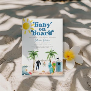 Baby On Board Baby Shower Invitation, Editable Surfer Baby On Board Baby Shower Invite Canva Template, Ocean Boy Girl Shower Invite BS158