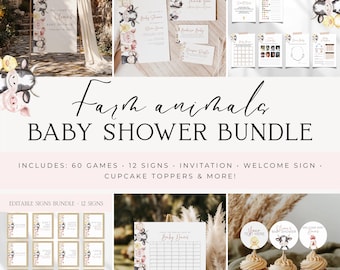 May include: A farm animal baby shower bundle featuring editable invitations, thank you cards, 60 games, 12 signs, and cupcake toppers. The stationery displays watercolour illustrations of cows, pigs, and chickens with text in black and pink.