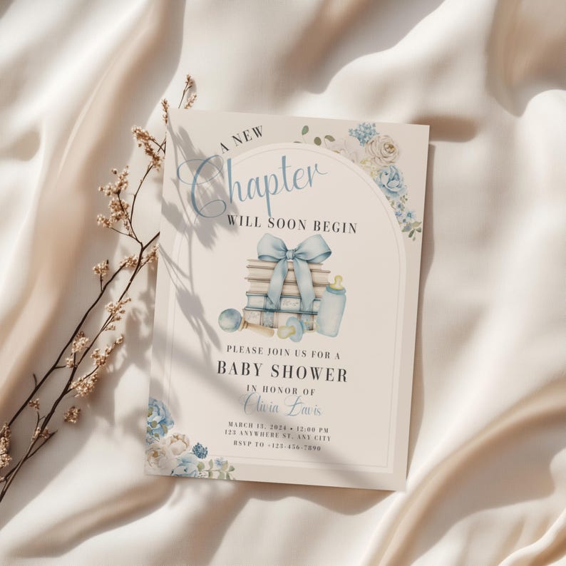 A New Chapter Will Soon Begin Baby Shower Invitation Bundle, Book Theme Boy Baby Shower Invite Set, Vintage Storybook Shower Invitation BS68