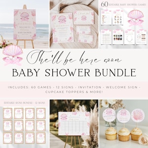 Puede incluir: Un paquete para baby shower con temática de conchas y perlas en rosa y blanco. Incluye 60 juegos editables, 12 letreros, invitaciones, un letrero de bienvenida y adornos para cupcakes. El texto dice "They'll be here soon" y "BABY SHOWER BUNDLE".