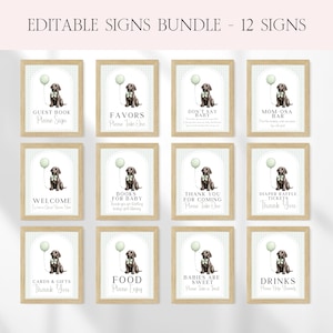 Puppy Baby Shower Table Signs Bundle, Editable Chocolate Labrador Dog Boy Baby Shower Table Signs Set, Puppy Gifts Table Party Signs BS161