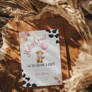 Highland Cow Baby Girl Shower Invitation, Boho Girl Holy Cow Baby Shower Invite, Pink Editable Ranch Farm Highland Cow Invite Template BS90