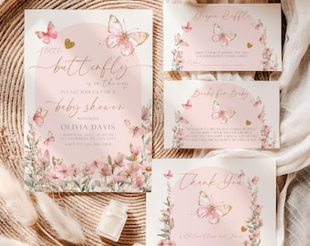 Butterfly Baby Shower Invitation Bundle, Pink Butterfly Baby Shower Invitation Template Set, Pink Girl Baby Shower Butterflies & Flowers BS9