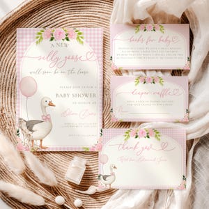 Bundle d&#39;invitation pour baby shower Silly Goose, modèle de toile d&#39;invitation modifiable pour baby shower Silly Goose, baby shower floral printemps vichy BS142