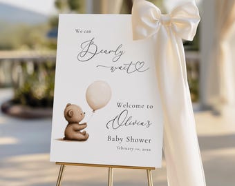 We Can Bearly Wait babyshower welkomstbord, bewerkbare boho beer welkomstbord canvas sjabloon, neutrale teddybeer babyshower poster BS110