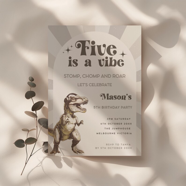Dinosaur Birthday Invitation Five, Editable Boy 5th Birthday Dinosaur Invitation Canva Template, T-Rex Boy Girls 5th Birthday Invite BS154