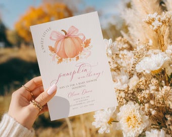Invitation pour une fête prénatale avec citrouille et ruban rose, invitation numérique modifiable, motif floral d'automne, petite citrouille adorable BS206