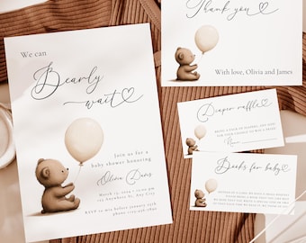 We Can Bearly Wait Baby Shower Invitation Canva Template Bundle, Gender Neutral Boho Bear Invite, Editable Boy Bear Shower Invitation BS110