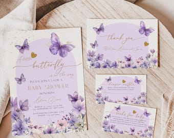 Purple Butterfly Digital Baby Shower Invitation Bundle, Editable Purple Butterflies Girl Baby Shower Invitation Printable Template Set BS126