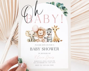 Safari Baby Shower Invitation, Pink Editable Oh Baby Girl Safari Animals Jungle Baby Shower Invite Template Printable Greenery Wild One BS67