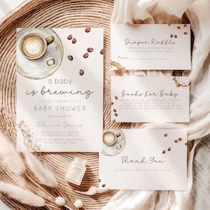 Coffee Bean Baby Shower Invitation Bundle, Editable A Baby Is Brewing Coffee Baby Shower Invite, Coffee Theme Gender Neutral Shower Set BS58
