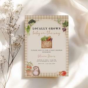 Locally Grown Baby Shower Invitation, Gender Neutral Farmers Market Baby Shower Invitation Template, Country Vegetable Editable Invite BS63