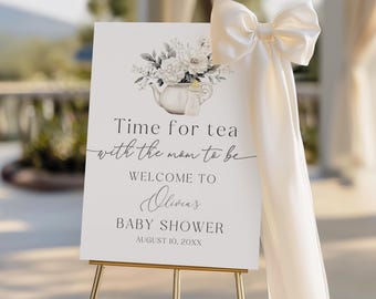 Theekransje babyshower welkomstbord, bloemen theekransje afdrukbare babyshower welkomstbord, genderneutraal theekransje babyshower decor BS73
