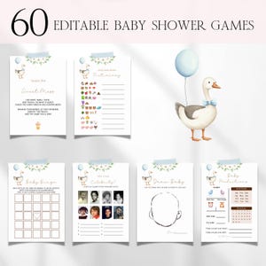 Silly Goose Baby Shower Games Bundle, Editable Pastel Floral Silly Goose Baby Shower Games, Spring Boy Goose Baby Shower Bingo Games BS169