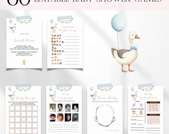 Silly Goose Baby Shower Games Bundle, Editable Pastel Floral Silly Goose Baby Shower Games, Spring Boy Goose Baby Shower Bingo Games BS169