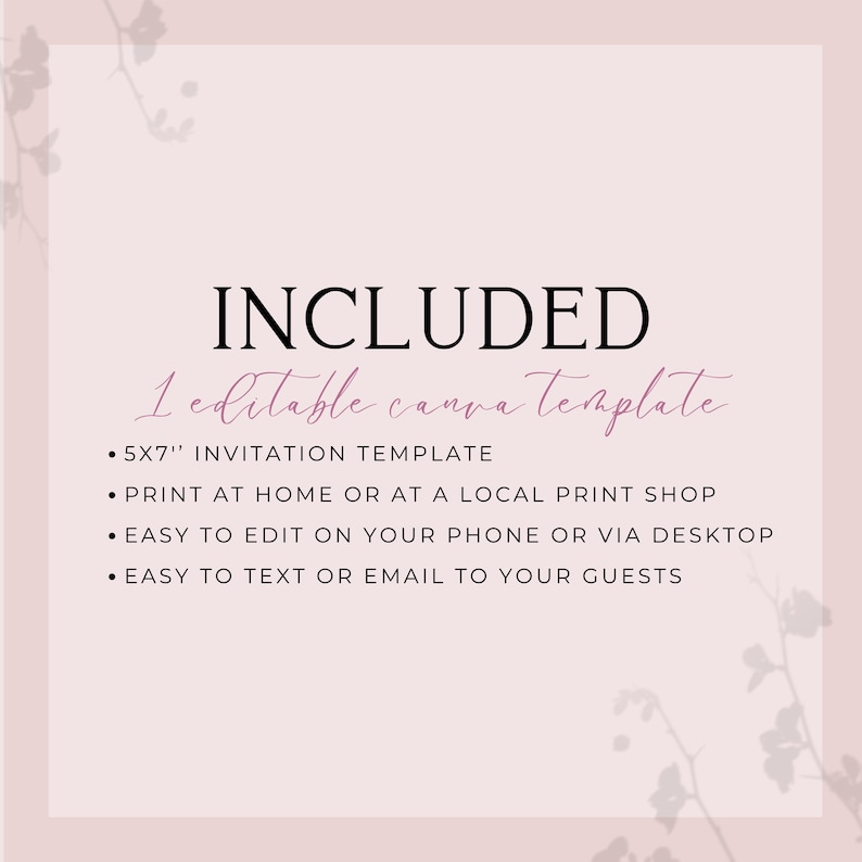 text that provides information about a 5x7" invitation template, which can be printed at home or at a local print shop, edited on a phone or via a desktop, and easily sent to guests via text or email.