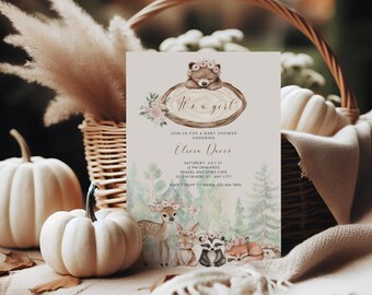 Woodland Baby Shower Invitation For Girls, Editable Pink Floral Woodland Animals Baby Shower Invitation, Forest Animals Shower Invite BS194