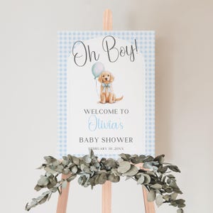 Puppy Baby Shower Welcome Sign, Editable Blue Boy Golden Retreiver Dog Baby Shower Welcome Sign Canva Template, Puppy Welcome Poster BS55