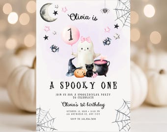 Spooky One Birthday Invite Girl, Editable Halloween First Birthday Invitation Canva Template, Pink Ghost Girl Birthday Party Invite BS220