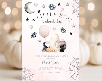Invito per baby shower a tema "Little Boo", invito per baby shower rosa a tema Halloween, invito per baby shower a tema fantasmi per bambina, modello modificabile BS29
