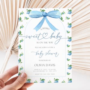 Blueberries Berry Sweet Baby Shower Invitation, Editable Blueberry Boy Baby Shower Invitation Template, Summer Blueberry Baby Invite BS201